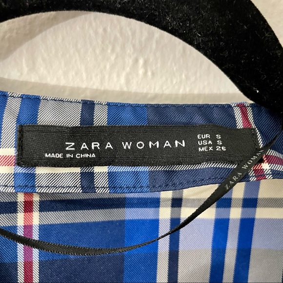 Zara blue tartan plaid puff sleeve midi dress size small - Picture 5 of 7